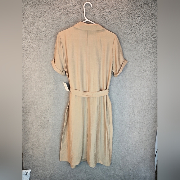 Ellen Tracy Midi Shirt Dress Sz M Tan Front Button Pockets Belted Casual Comfort - Picture 10 of 13